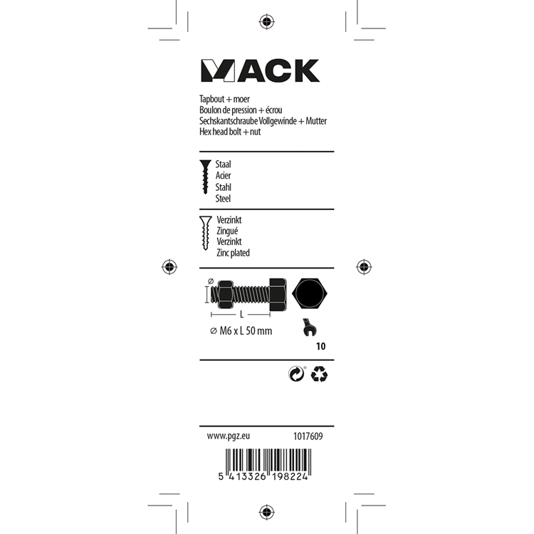 Mack 1017609 - grifo perno + tuerca acero galvanizado 8 piezas m6 x 50 mm | 5 piezas