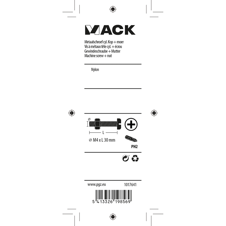 Mack 1017641 - cilindro de tornillo metálico. cabeza + tuerca nylon 6 pzs m4 x 30 mm | 10 piezas