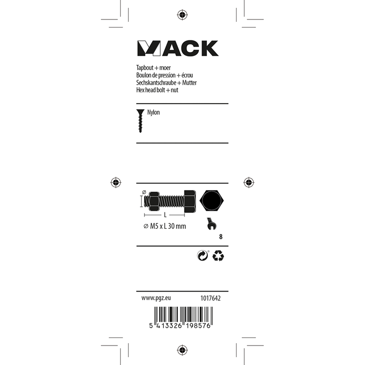 Mack 1017642 - perno macho + tuerca nylon 6 piezas m5 x 30 mm | 10 piezas
