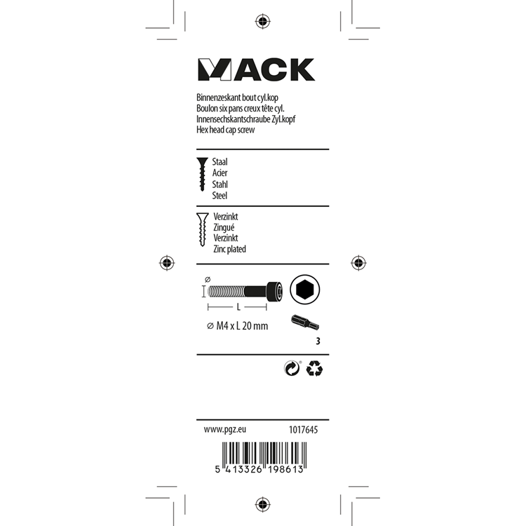 Mack 1017645 - bullone ad esagono incassato cil. testa placcata. 11 pezzi m4 x 20 mm | 10 pezzi