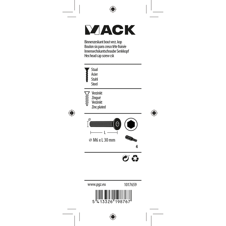 Mack 1017659 - perno hexagonal chapado. condición de cabeza 6 piezas m6x30 | 10 piezas