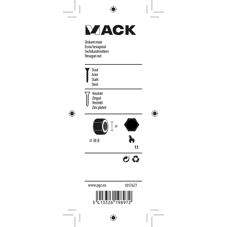 Mack 1017677 - tuerca hexagonal acero galvanizado 20 piezas m 8 | 10 piezas