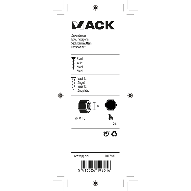 Mack 1017681 - tuerca hexagonal acero galvanizado 3 piezas m 16 | 10 piezas