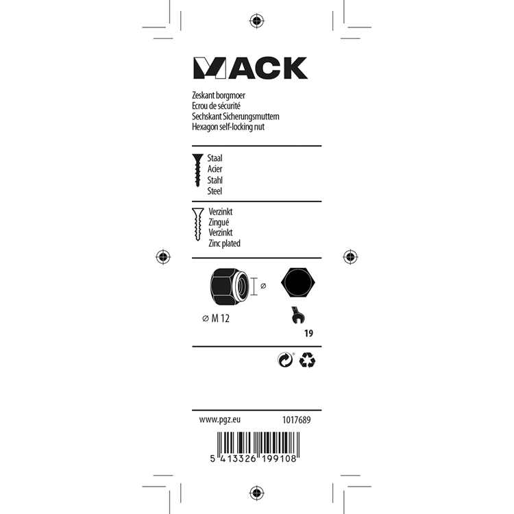 Mack 1017689 - contratuerca hexagonal acero galvanizado 4 piezas m12 | 10 piezas