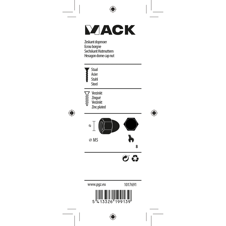 Mack 1017691 - tuerca ciega hexagonal acero galvanizado 8 piezas m5 | 10 piezas