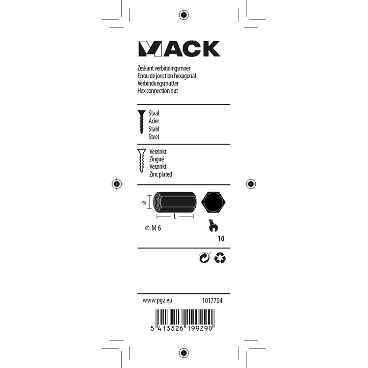 Mack 1017704 - tuerca de conexión hexagonal galvanizada 3 piezas m6 | 10 piezas