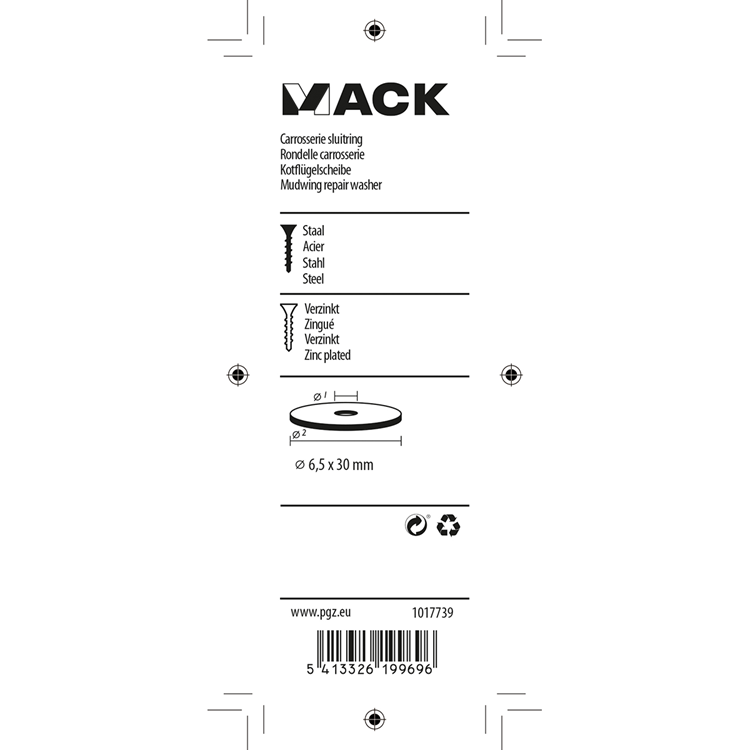 Mack 1017739 - arandela de carrocería galvanizada12 piezas 6,5 x 30 mm | 10 piezas