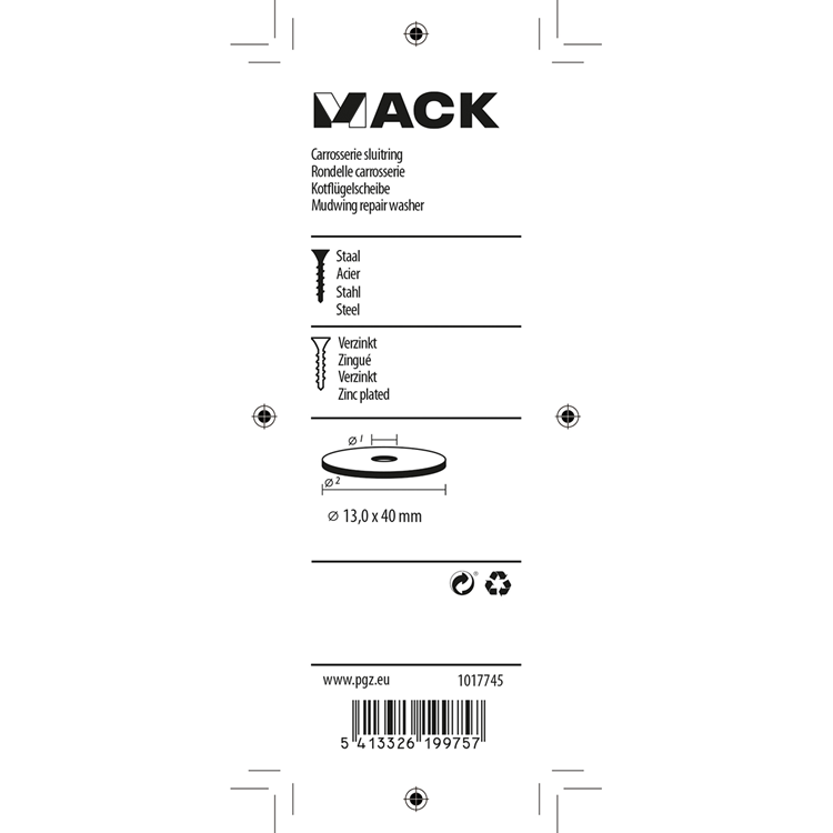 Mack 1017745 - arandela de carrocería galvanizada 6 piezas 13,0 x 40 mm | 5 piezas