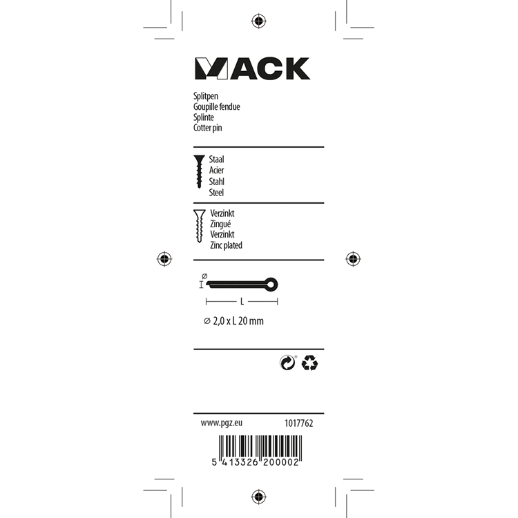 Mack 1017762 - pasador de chaveta acero galvanizado 22 piezas 2,0 x 20 mm | 10 piezas