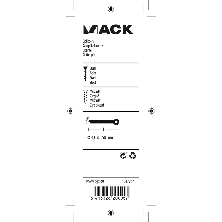 Mack 1017767 - pasador de chaveta acero galvanizado 8 piezas 4,0 x 50 mm | 10 piezas