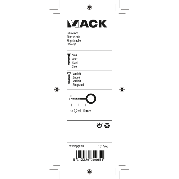 Mack 1017768 - ojo de tornillo acero galvanizado 20 piezas 2,2 x 10 mm | 10 piezas