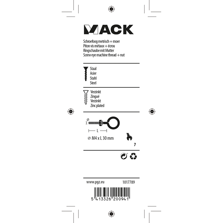 Mack 1017789 - ojo de tornillo métrico + tuerca galvanizada 5 piezas m4 x 30 mm | 10 piezas