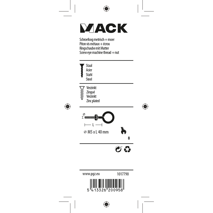 Mack 1017790 - ojo de tornillo métrico + tuerca galvanizada 4 piezas m5 x 40 mm | 10 piezas