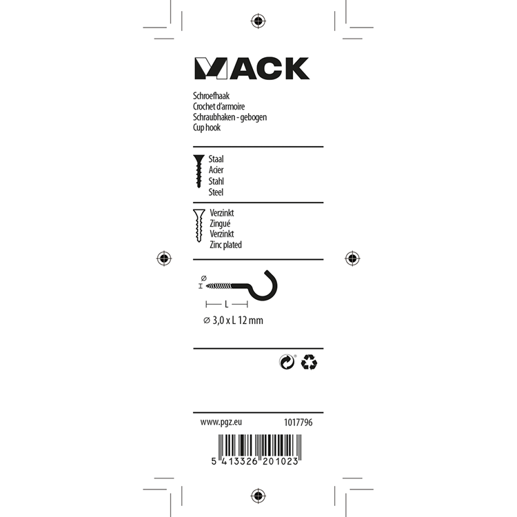 Mack 1017796 - gancho de tornillo acero galvanizado 15 piezas 3,0 x 12 mm | 10 piezas