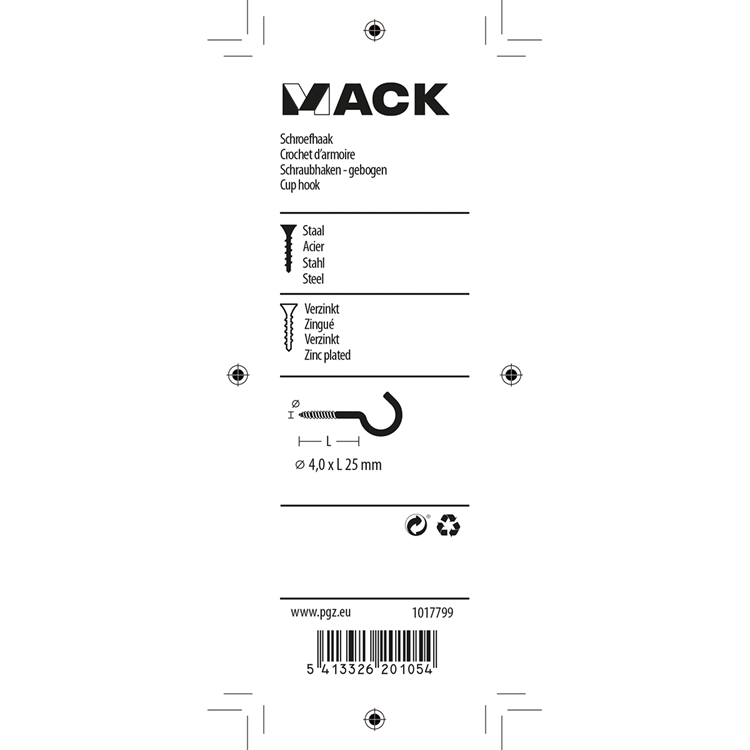 Mack 1017799 - gancho de tornillo acero galvanizado 7uds 4,0 x 25 mm | 10 piezas