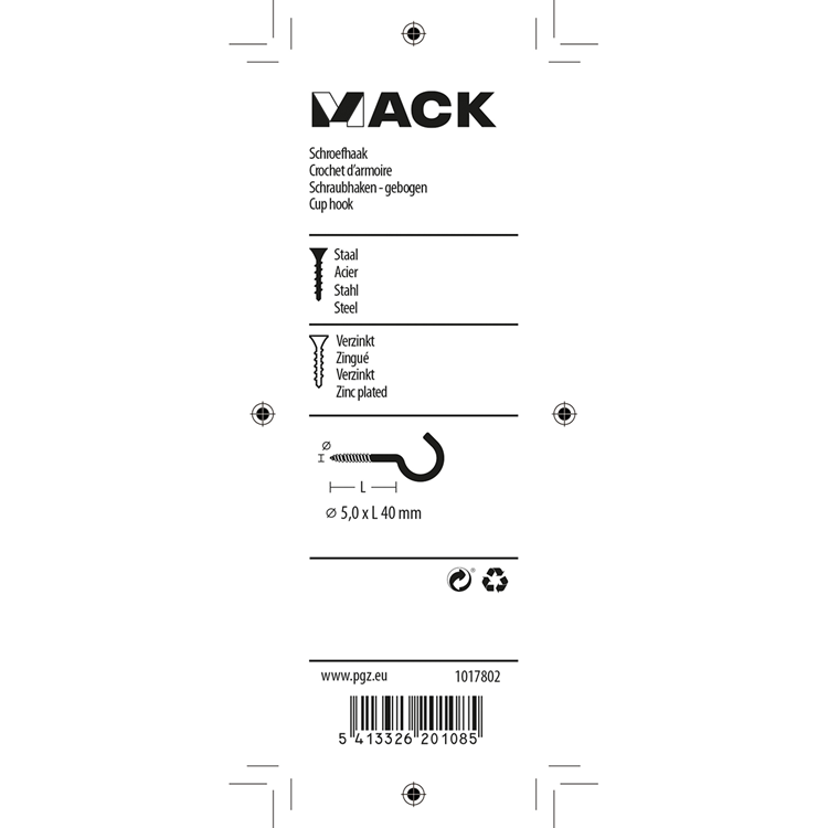 Mack 1017802 - gancho de tornillo acero galvanizado 4uds 5,0 x 40 mm | 5 piezas