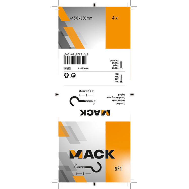 Mack 1017803 - gancho de tornillo acero galvanizado 4uds 5,0 x 50 mm | 5 piezas