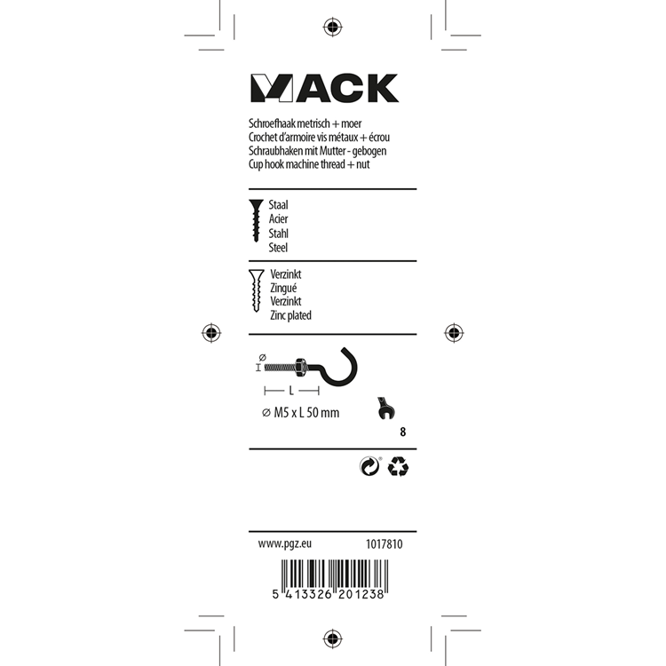 Mack 1017810 - gancho tornillo métrico + tuerca galvanizada 4uds m5 x 50 mm | 10 piezas