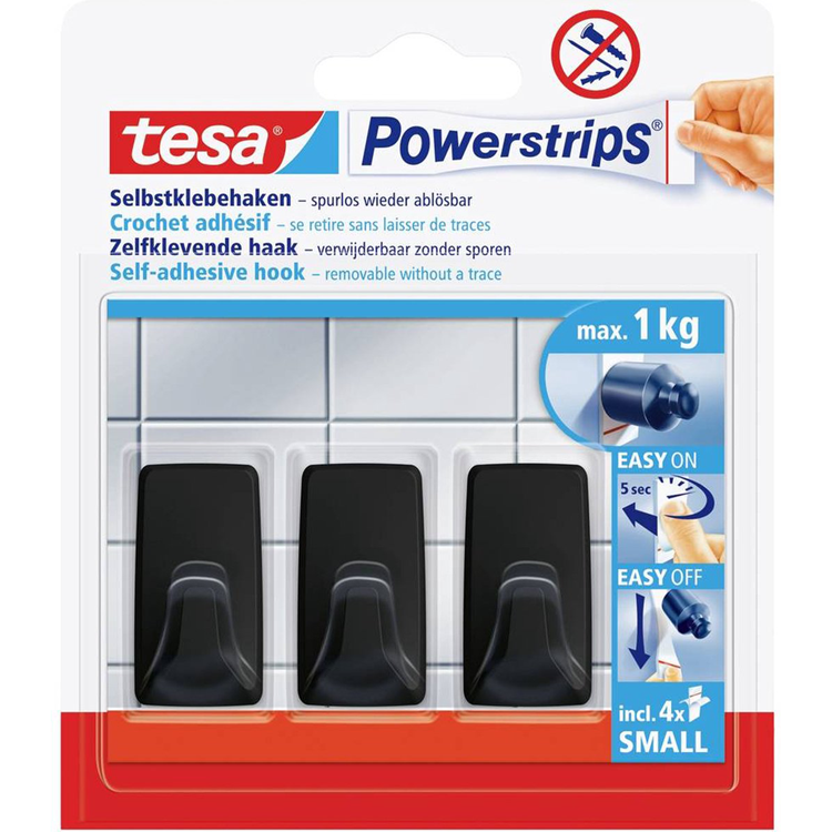 Tesa 1072302 - Prese multiple con ganci dritti s 3 pezzi nero, 1 kg | 6 pezzi
