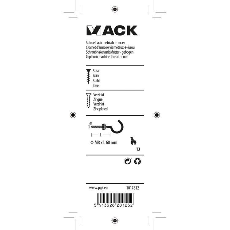 Mack 1017812 - gancho tornillo métrico + tuerca galvanizada 2uds m8 x 60 mm | 10 piezas