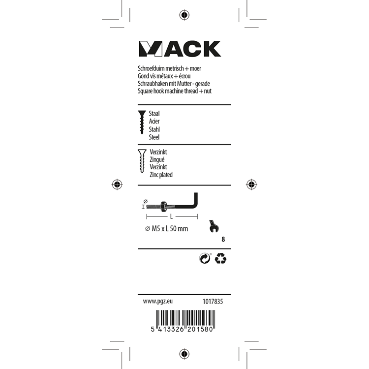 Mack 1017835 - tornillo métrico pulgadas + tuerca acero 4 piezas m5 x 50 mm | 10 piezas