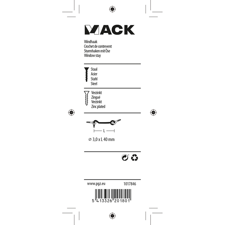 Mack 1017846 - Gancho de viento de acero galvanizado 2 piezas 3,0 x 40 mm | 10 piezas