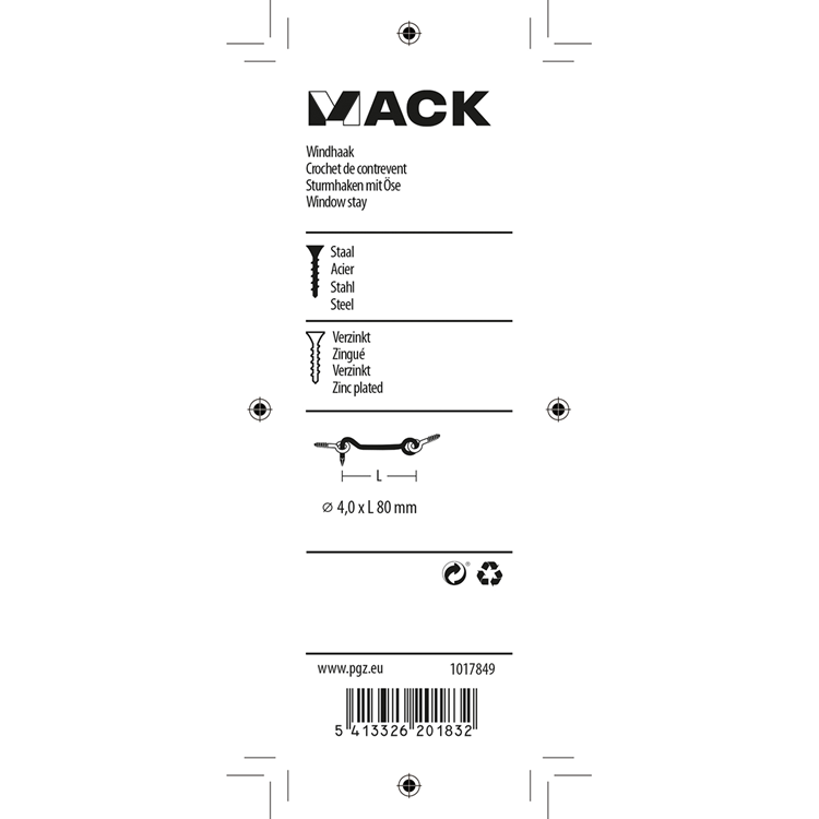 Mack 1017849 - Gancho de viento de acero galvanizado 2 piezas 4,0 x 80 mm | 5 piezas