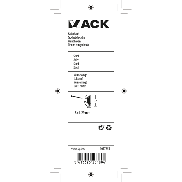 Mack 1017854 - gancho marco acero latonado 10 piezas 8 x 29 mm | 10 piezas