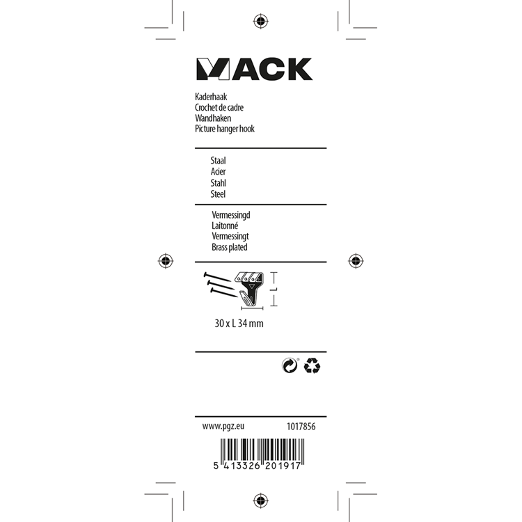 Mack 1017856 - gancho marco acero latonado 4uds 30 x 34 mm | 5 piezas