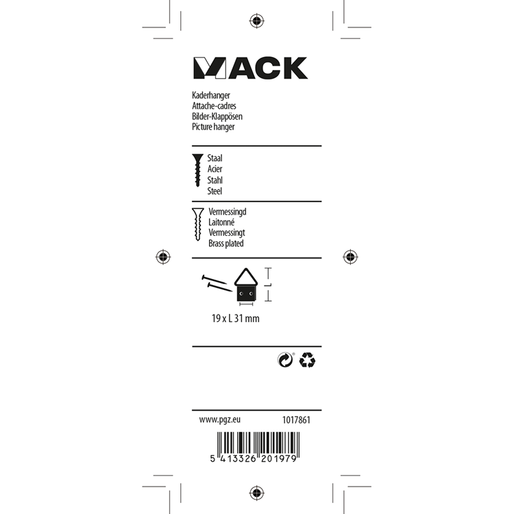 Mack 1017861 - percha de marco acero latonado 4 piezas 19 x 31 mm | 10 piezas