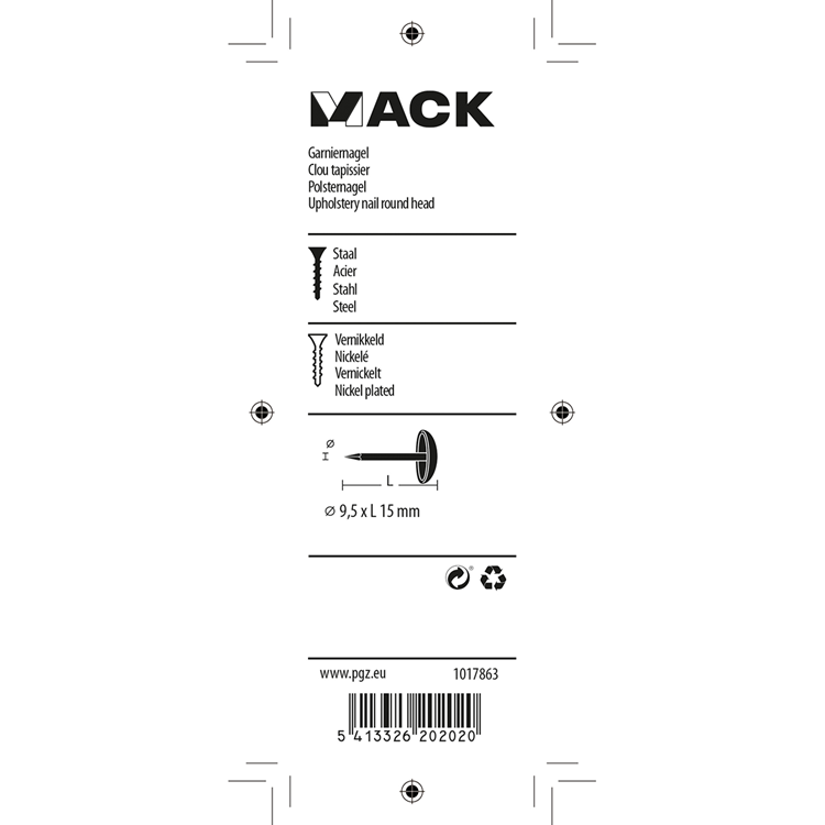 Mack 1017863 - Clavo embellecedor de acero niquelado 40 piezas 9,5 x 15 mm | 10 piezas