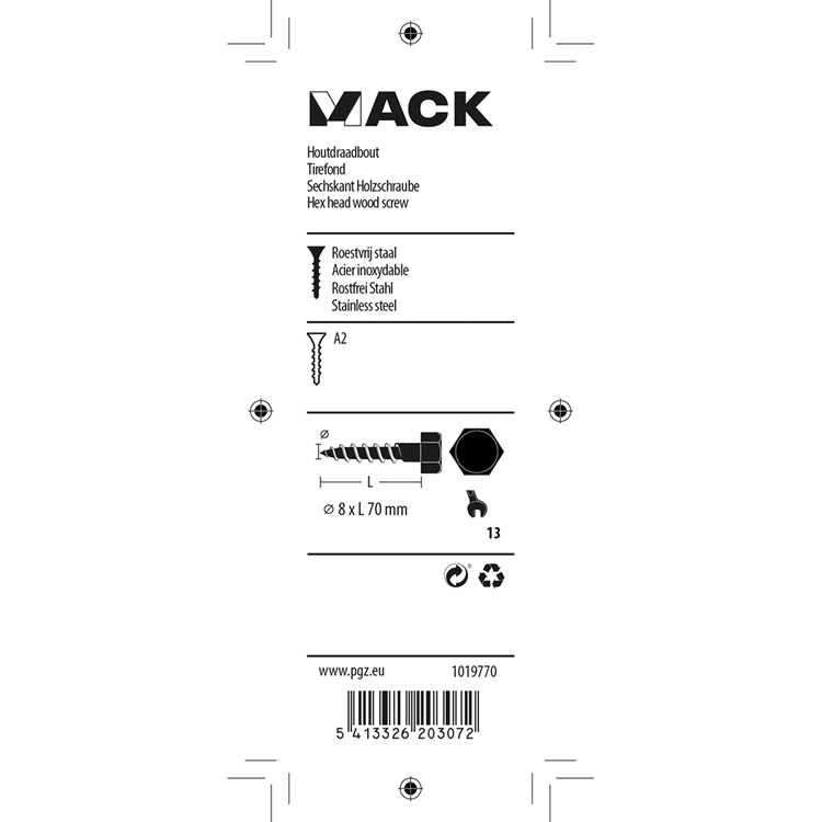 Mack 1019770 - perno roscado para madera acero inoxidable 2 piezas 8 x 70 mm | 10 piezas