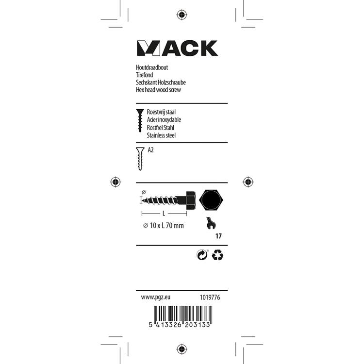 Mack 1019776 - perno roscado para madera acero inoxidable 2uds 10 x 70 mm | 10 piezas