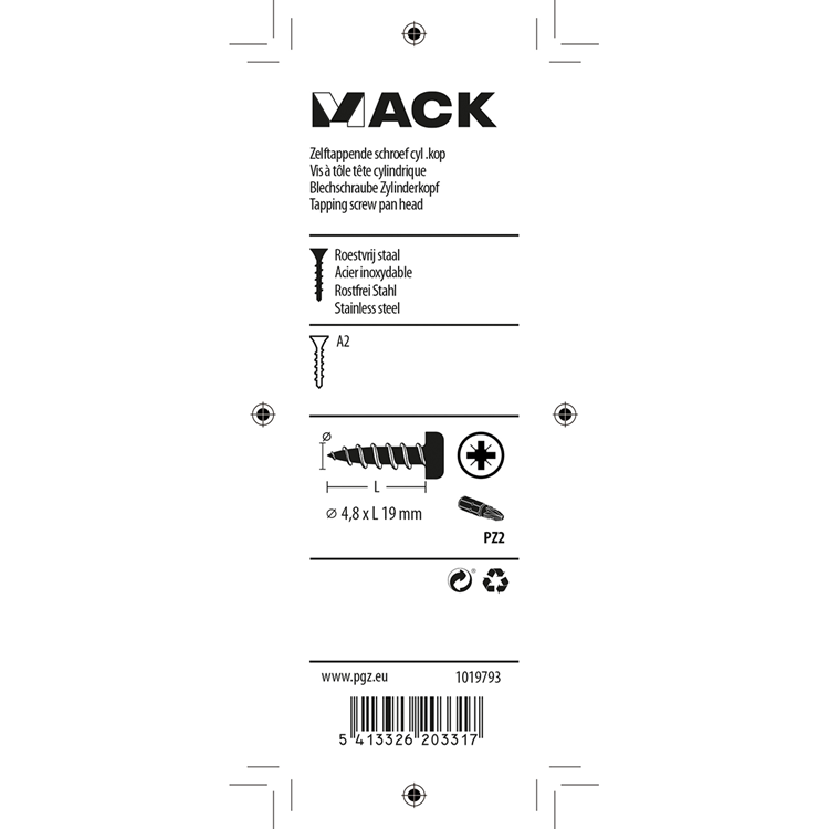 Mack 1019793 - tornillo autorroscante culata A2 9 piezas 4,8 x 19 mm | 10 piezas
