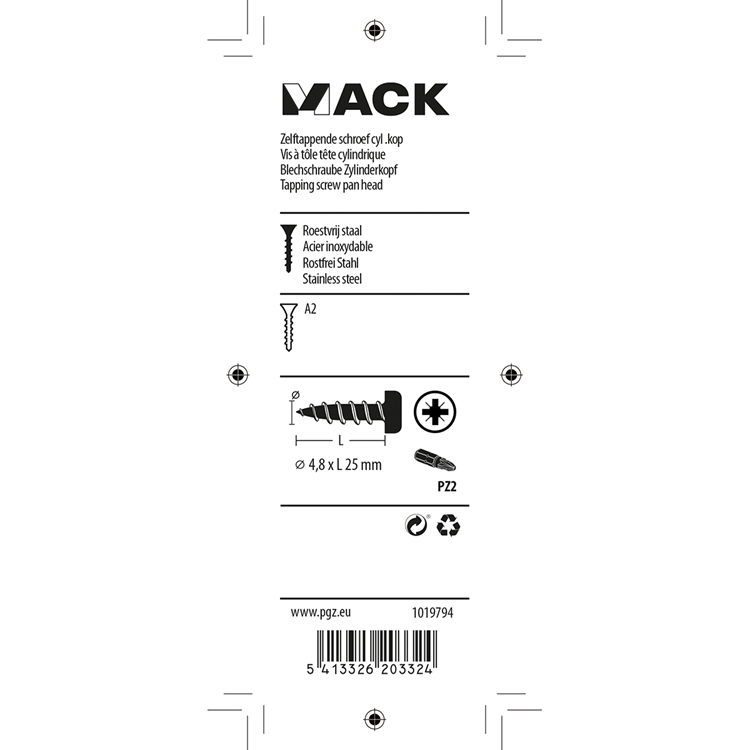Mack 1019794 - tornillo autorroscante culata A2 8 piezas 4,8 x 25 mm | 10 piezas