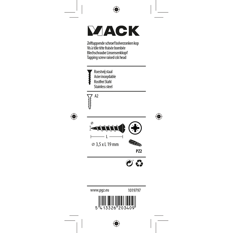 Mack 1019797 - tornillo autorroscante con cabeza esféricaa2 12uds 3,5 x 19 mm | 10 piezas