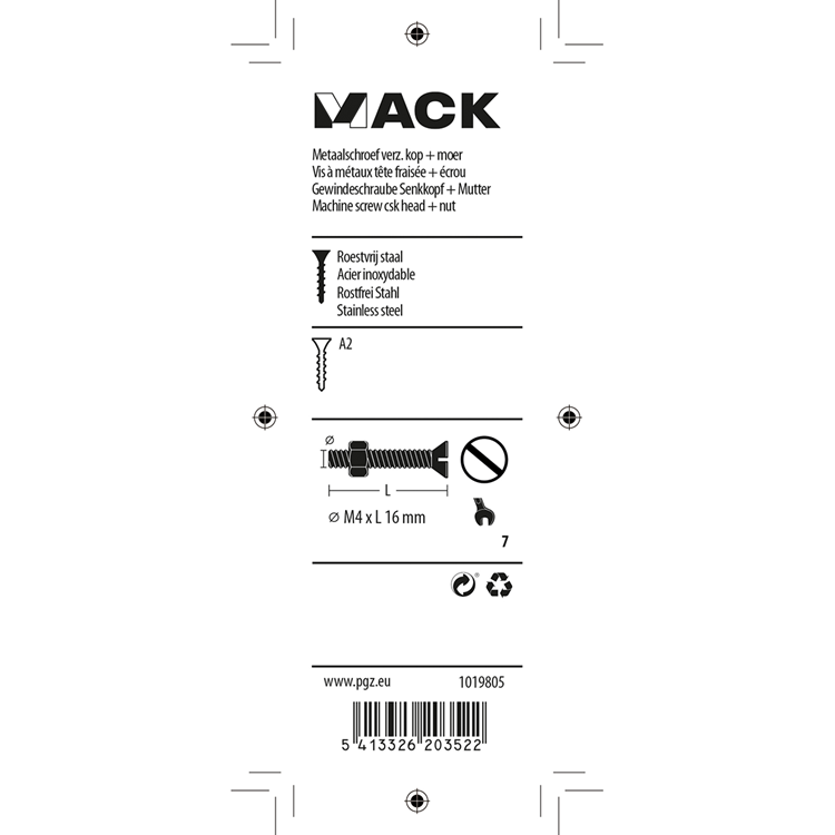 Mack 1019805 - tornillo metálico galvanizado. cabeza + tuerca acero inoxidable 13 pzs m4x16 | 10 piezas