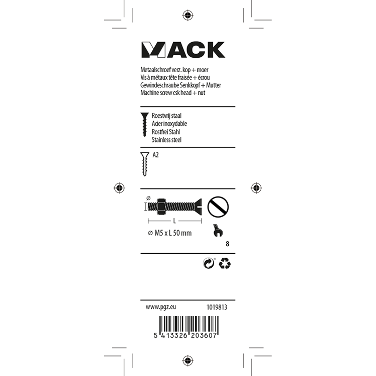 Mack 1019813 - tornillo metálico galvanizado. cabeza + tuerca acero inoxidable 4 pzs m5x50 | 10 piezas