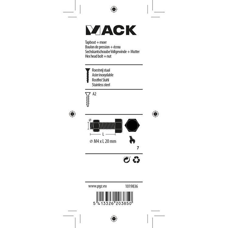 Mack 1019836 - perno grifo + tuerca acero inoxidable 10 piezas m4x20 | 10 piezas