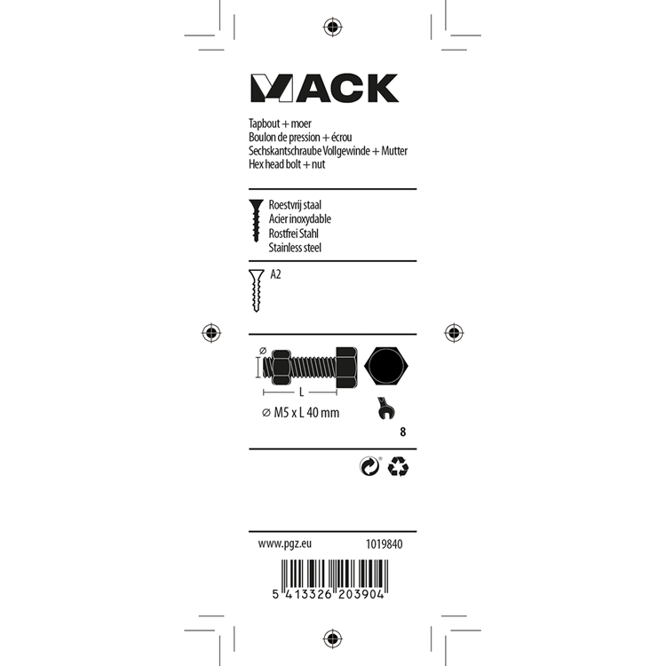 Mack 1019840 - perno grifo + tuerca acero inoxidable 5 piezas m5x40 | 10 piezas