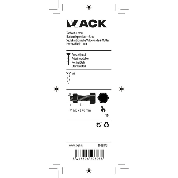 Mack 1019843 - perno grifo + tuerca acero inoxidable 4 piezas m6x40 | 10 piezas