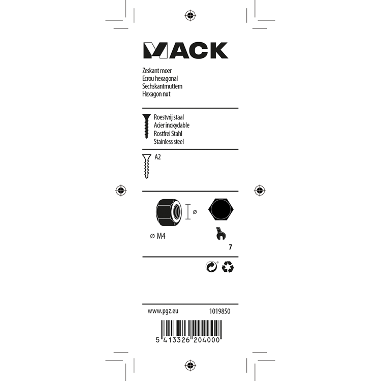 Mack 1019850 - tuerca hexagonal acero inoxidable a2 18 piezas m4 | 10 piezas