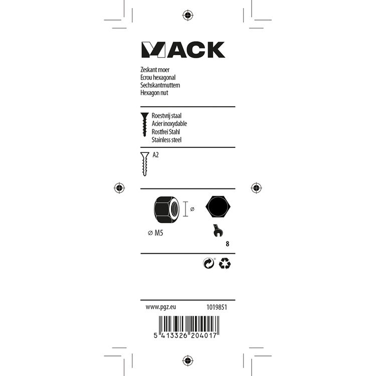 Mack 1019851 - tuerca hexagonal acero inoxidable a2 16 piezas m5 | 10 piezas