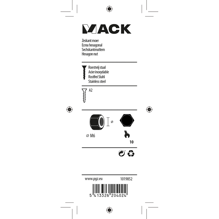 Mack 1019852 - tuerca hexagonal acero inoxidable a2 12 piezas m6 | 10 piezas