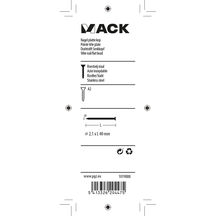 Mack 1019888 - clavo cabeza plana acero inoxidable a2 25 uds2,1 x 40 mm | 10 piezas