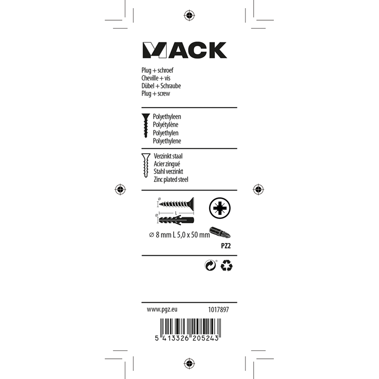 Mack 1017897 - taco + tornillo polietileno 10 uds 8 mm 5,0 x 50 mm | 5 piezas