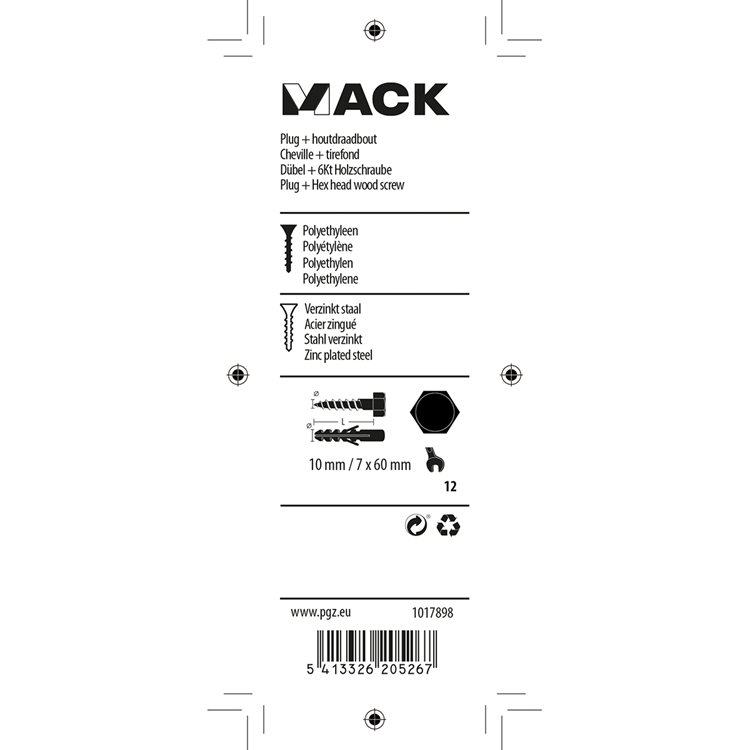 Mack 1017898 - taco + perno rosca madera polieth 4uds 10 mm 7x60 mm | 5 piezas