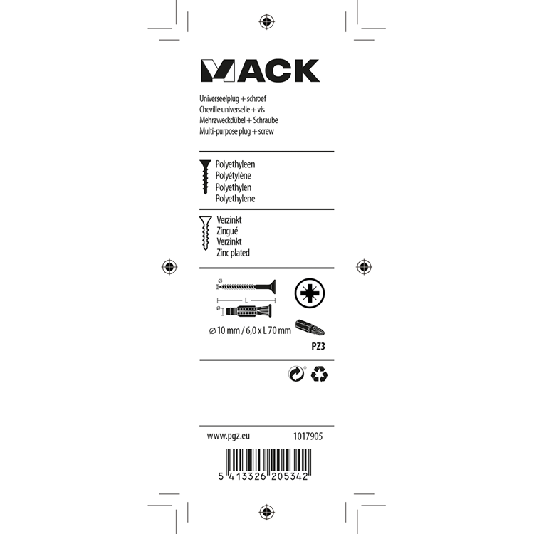 Mack 1017905 - taco universal + tornillo polieth6uds 10mm 6.0x70mm | 5 piezas
