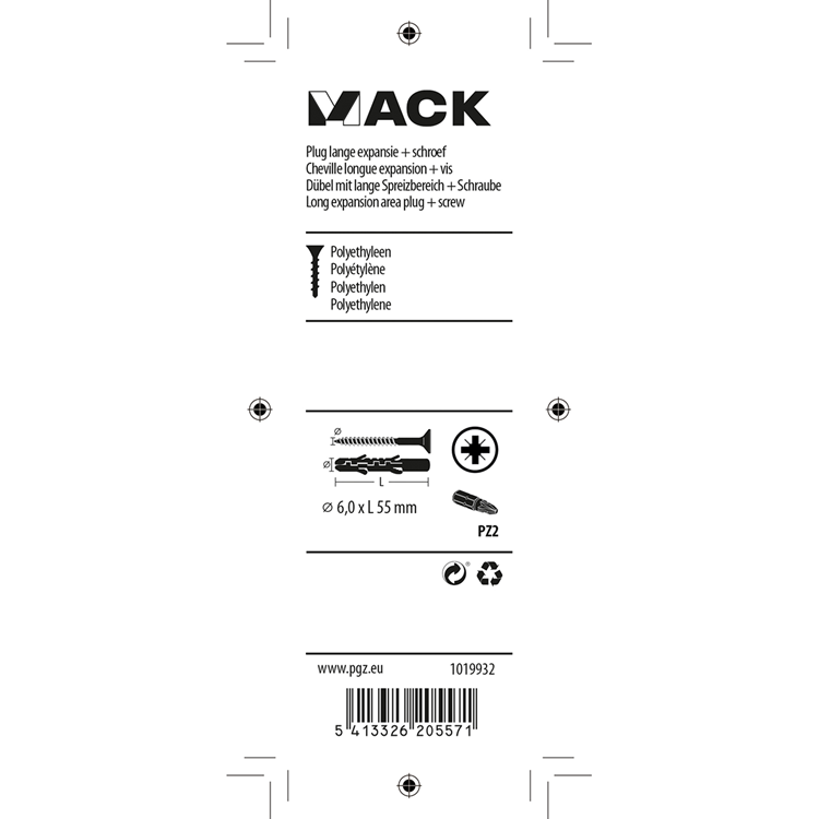 Mack 1019932 - enchufe largo exp.polieth. + scr. 4x70 12uds 6x55mm | 5 piezas