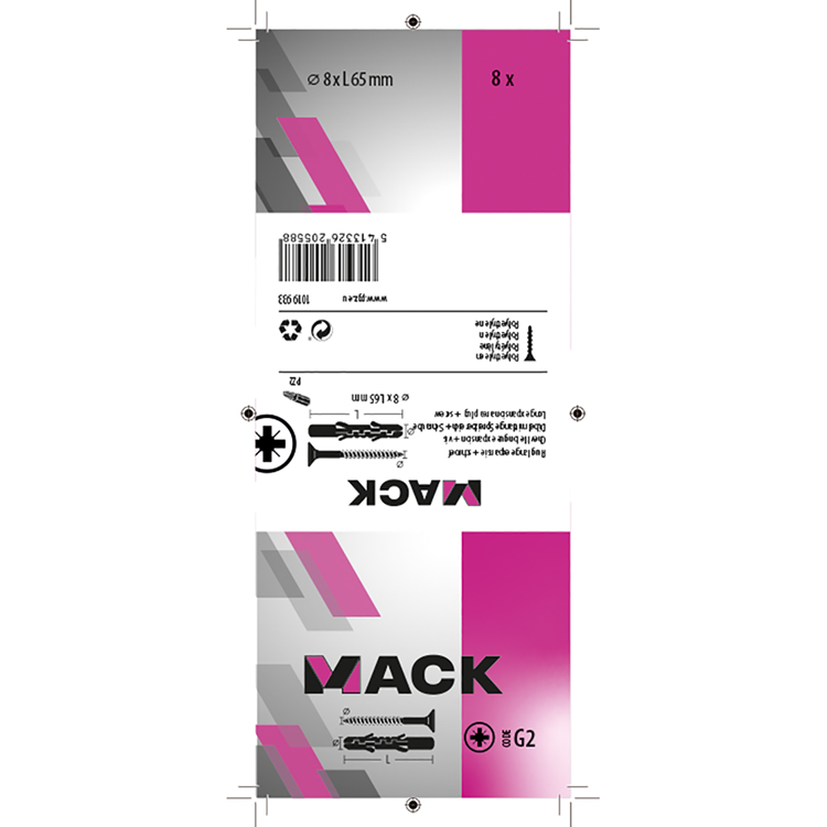 Mack 1019933 - enchufe largo exp.polieth. + scr. 5x80 8 piezas 8 x 65 mm | 5 piezas